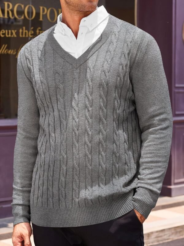 Mens V Neck Sweater Cable Knit Long Sleeve Casual Ribbed Twisted Pullover Sweaters