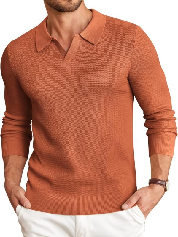 Mens Knit Polo Sweater V-Neck Long Sleeve Textured Lightweight Casual Dress Pullover Fall Sweaters