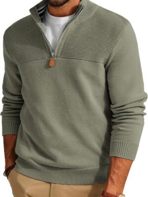 Men's Quarter Zip Sweater Slim Fit Casual Pullover Sweater Mock Neck Polo Sweaters
