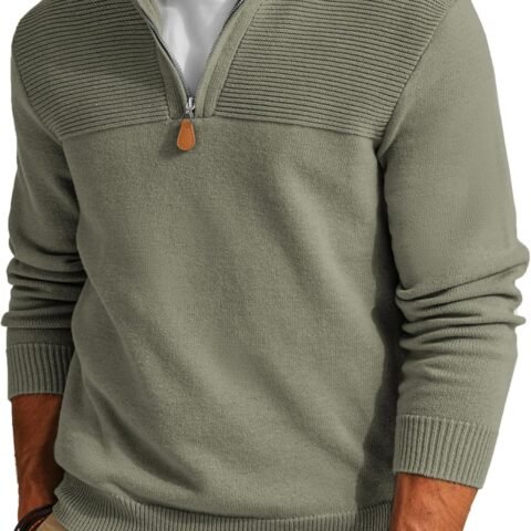 Men's Quarter Zip Sweater Slim Fit Casual Pullover Sweater Mock Neck Polo Sweaters