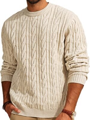 Mens Sweater Crewneck Cable Knit Pullover Sweater Casual Twist Textured Sweaters