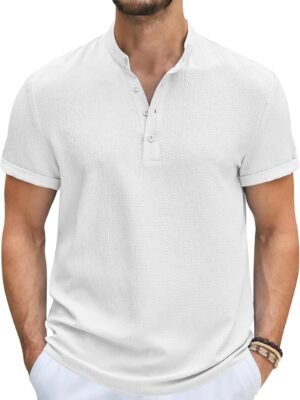 Men's Casual Henley Tee Shirt Band Collar Short Sleeve Summer Beach Hippie T Shirts