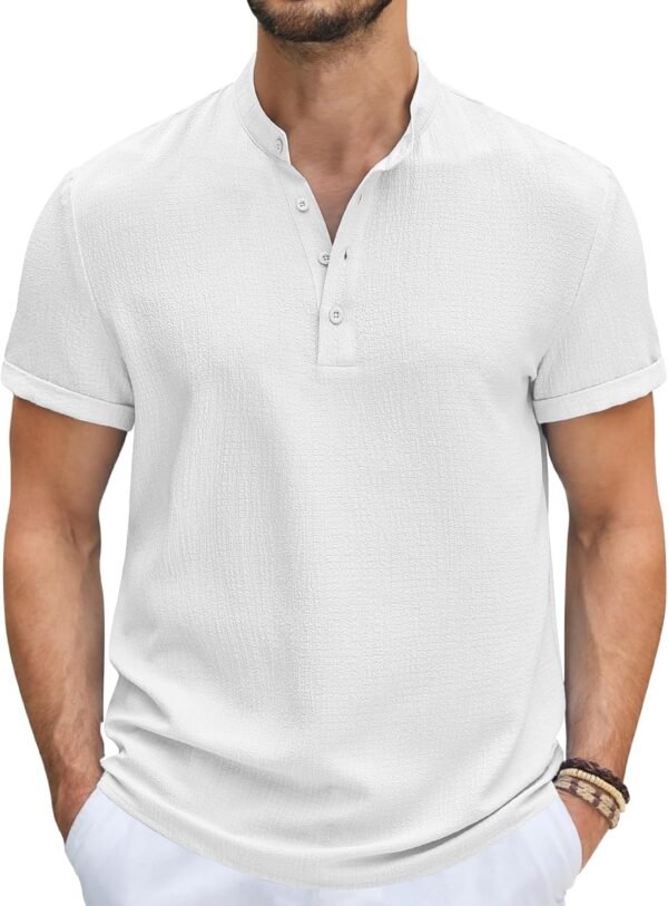 Men's Casual Henley Tee Shirt Band Collar Short Sleeve Summer Beach Hippie T Shirts