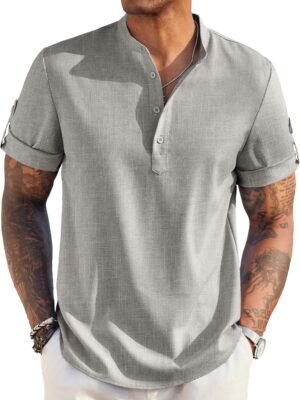 Men's Casual Henley Shirt Short Sleeve Band Collar Linen Shirt Summer Beach Hippie T-Shirts