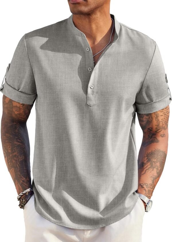 Men's Casual Henley Shirt Short Sleeve Band Collar Linen Shirt Summer Beach Hippie T-Shirts