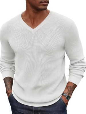 Men V Neck Dress Sweater Knit Long Sleeve Casual Slim Fit Pullover Sweater