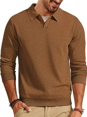 Mens Sweater Long Sleeve V Neck Pullover Sweater Knitted Textured Sweater