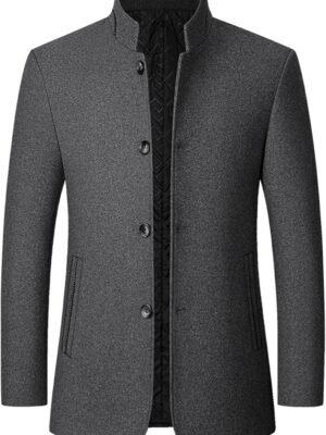 Mens Wool Blend Blazer Jacket Single Breasted Business Blazer Jacket Stand Collar Wool Blend Coat Wih Pockets