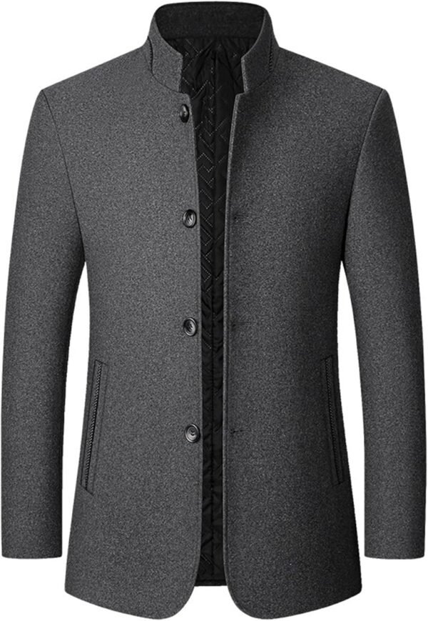 Mens Wool Blend Blazer Jacket Single Breasted Business Blazer Jacket Stand Collar Wool Blend Coat Wih Pockets