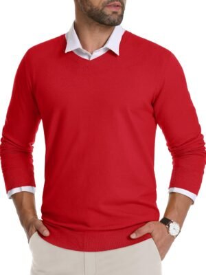 Men's V Neck Sweater Knitted Pullover Casual Soft Lightweight Long Sleeve Dress Sweater