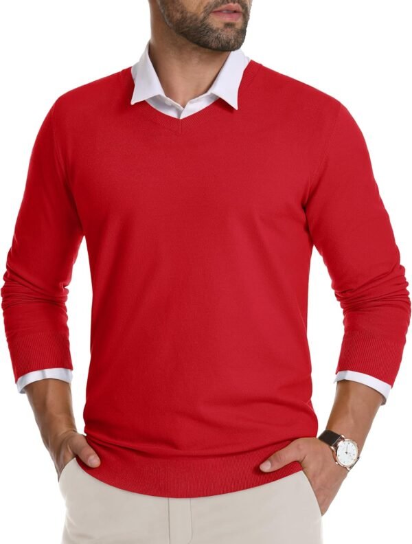 Men's V Neck Sweater Knitted Pullover Casual Soft Lightweight Long Sleeve Dress Sweater