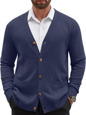 Men's Cardigan Sweater Long Sleeve Casual V Neck Button Down Knitted Sweater with Pockets