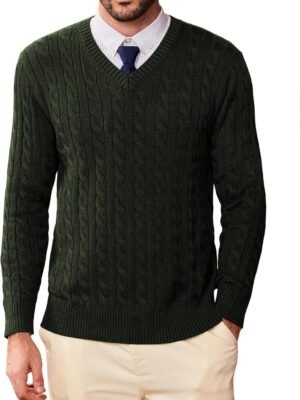 Mens V Neck Sweater Wool Blend Cable Knit Pullover Long Sleeve Casual Business Winter Fall Knitwear