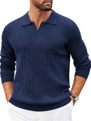 Mens Polo Sweaters Long Sleeve V Neck Knit Polos Lightweight Casual Pullover Sweater