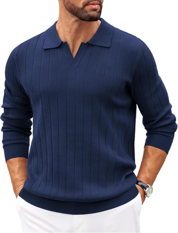 Mens Polo Sweaters Long Sleeve V Neck Knit Polos Lightweight Casual Pullover Sweater