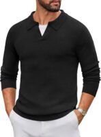Men's Knit Polo Sweater Long Sleeve V-Neck Pullover Sweaters Casual Collared Ribbed Knitted Polos