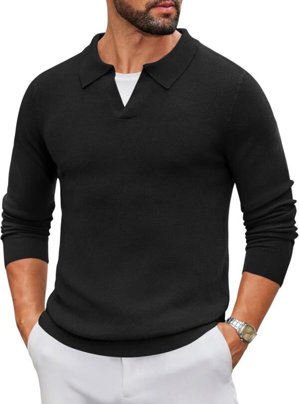Men's Knit Polo Sweater Long Sleeve V-Neck Pullover Sweaters Casual Collared Ribbed Knitted Polos