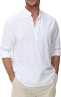 Cotton Linen Shirts for Men Lightweight Casual Long Sleeve Henley Beach Hawaiian Tops
