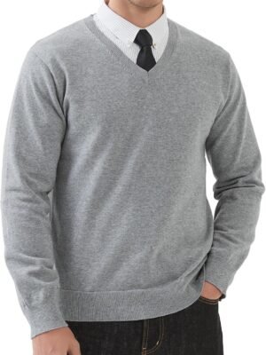 Men's V Neck Sweater Pullover Regular Fit Pure Cotton Long Sleeve Lightweight Knit Casual Smart Layering