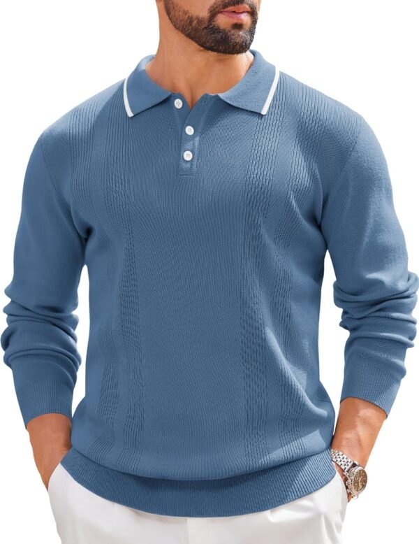 Mens Knit Polo Sweaters Long Sleeve Vintage Polos Casual Dress Pullover Old Money Tops