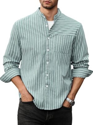 Men's Casual Button-Down Shirts Long Sleeve Striped  Banded Collar with Pocket All-Day Shirt Tops