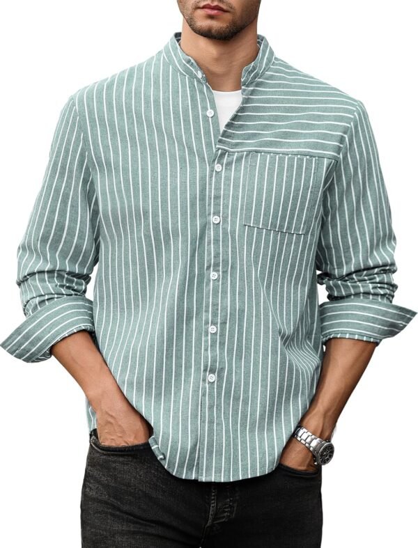 Men's Casual Button-Down Shirts Long Sleeve Striped Banded Collar with Pocket All-Day Shirt Tops