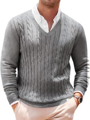Mens V Neck Sweater Cable Knit Long Sleeve Casual Ribbed Twisted Pullover Sweaters