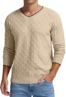 Mens V-Neck Sweater Cable Knit Long Sleeve Casual Basketweave Stitch Pullover Sweater