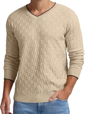 Mens V-Neck Sweater Cable Knit Long Sleeve Casual Basketweave Stitch Pullover Sweater