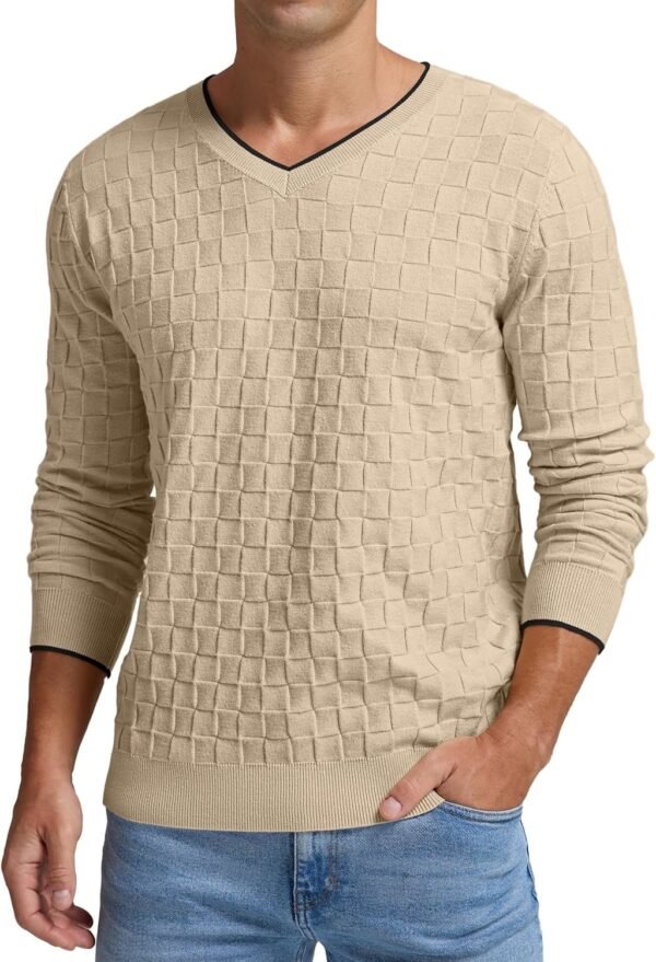 Mens V-Neck Sweater Cable Knit Long Sleeve Casual Basketweave Stitch Pullover Sweater