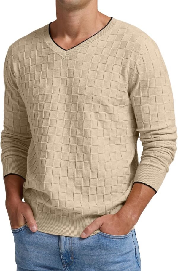 Mens V-Neck Sweater Cable Knit Long Sleeve Casual Basketweave Stitch Pullover Sweater