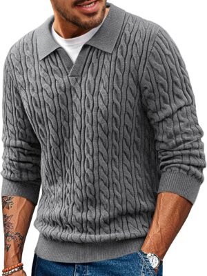 Men Sweaters V Neck Cable Knit Sweater Fall Casual Slim Fit Pullover